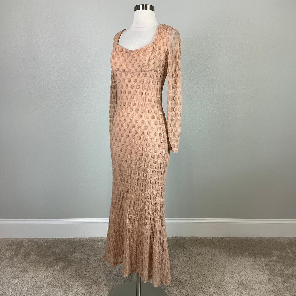 Bardot Beige Cocktail Dress Adoni Floral Lace Long Sleeve Midi Sheath Size 10 - Picture 5 of 13